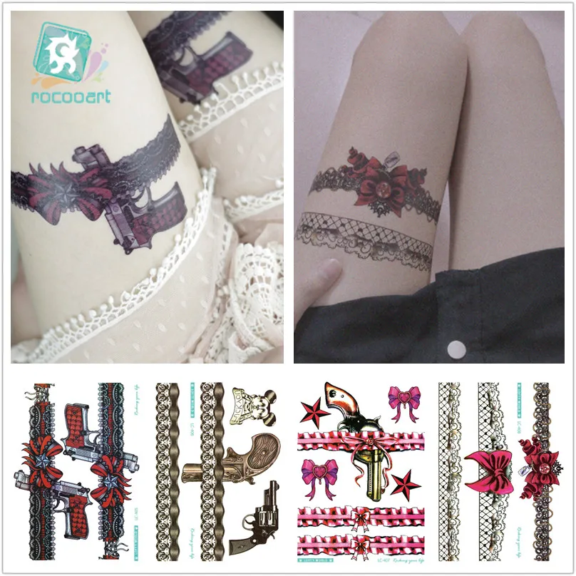 

6Pcs Big size Lace Temporary Tattoo Sticker Sexy Lace Gun Bowknot Design Women Body Art Water Transfer Big Leg Fake Tatoo