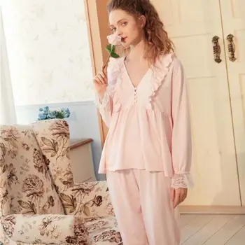 

Autumn Ladies Cotton Pajamas Two-piece Long-sleeve Lace Ruffle V-neck Stitching Pyjamas Sweet Loose Casual Homewear Nightsuit