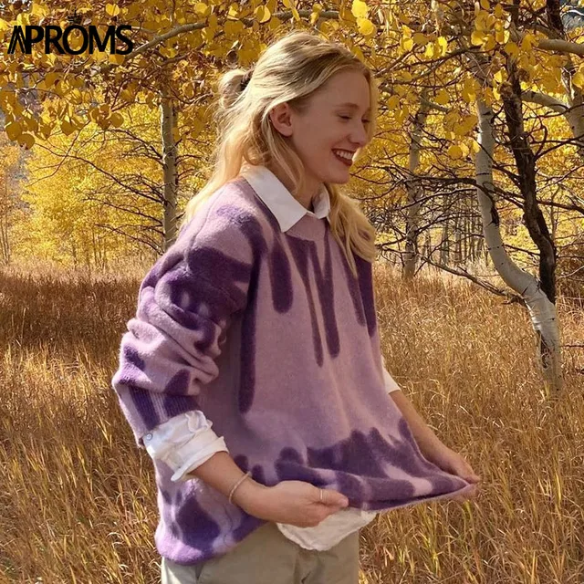 Aproms Elegant Green Striped Print Oversized Pullovers Women Winter O-Neck Loose Long Sweaters Streetwear Warm Outerwear 2021 Purple