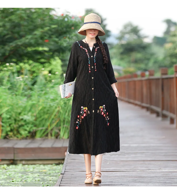 Autumn Clothing New Style Jacquard Embroidered Cotton Linen Retro Cardigan Elegant Large Size Mid-length Women's