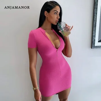 

ANJAMANOR Front Zip Short Sleeve Bodycon Mini Dress Pink Black Ribbed Knit Sexy Pencil Dresses for Women Clubwear D76-AA61
