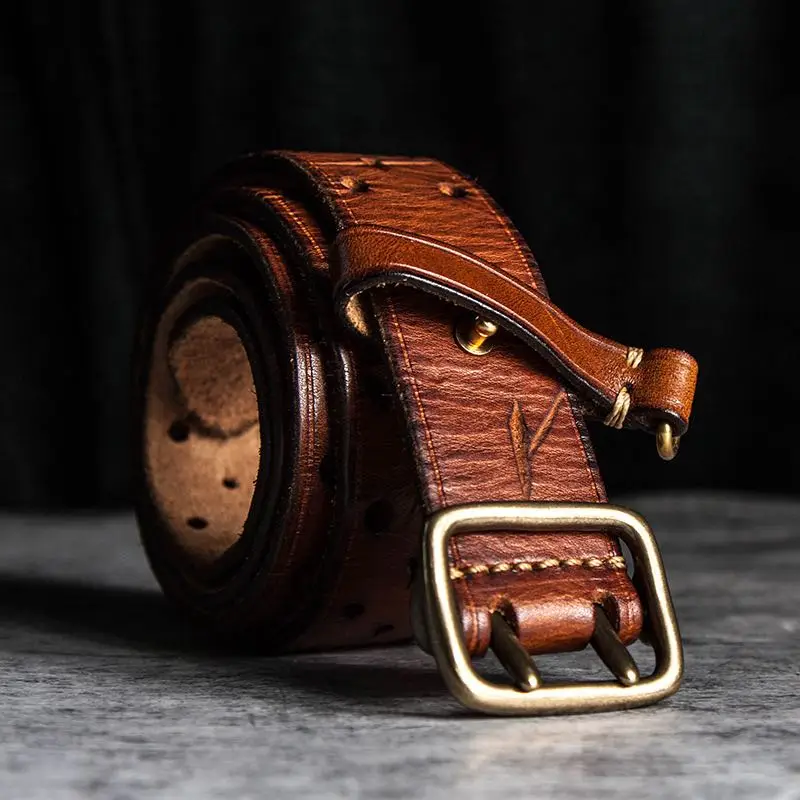 Men's Leather Double-row Hole Belt Retro Handmade Luxury Jeans Belt Fashion All-match Double Needle Work Belt 3.8cm Brown Khaki