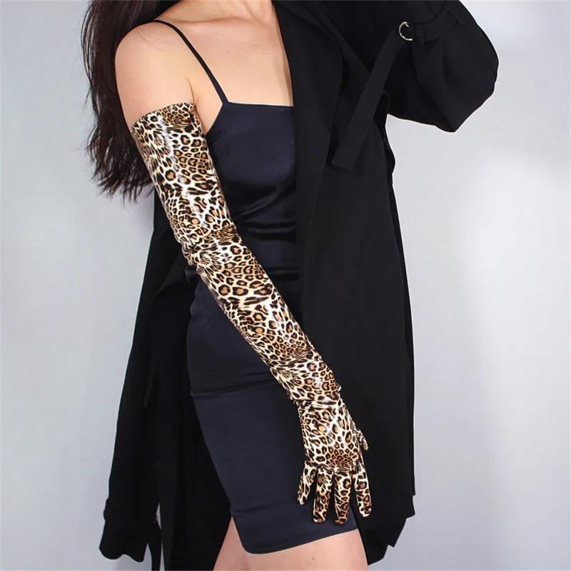 

Leopard Extra Long Gloves 70cm Patent Leather Long Section Emulation Leather PU Bright Leather Brown Leopard Animal PU23