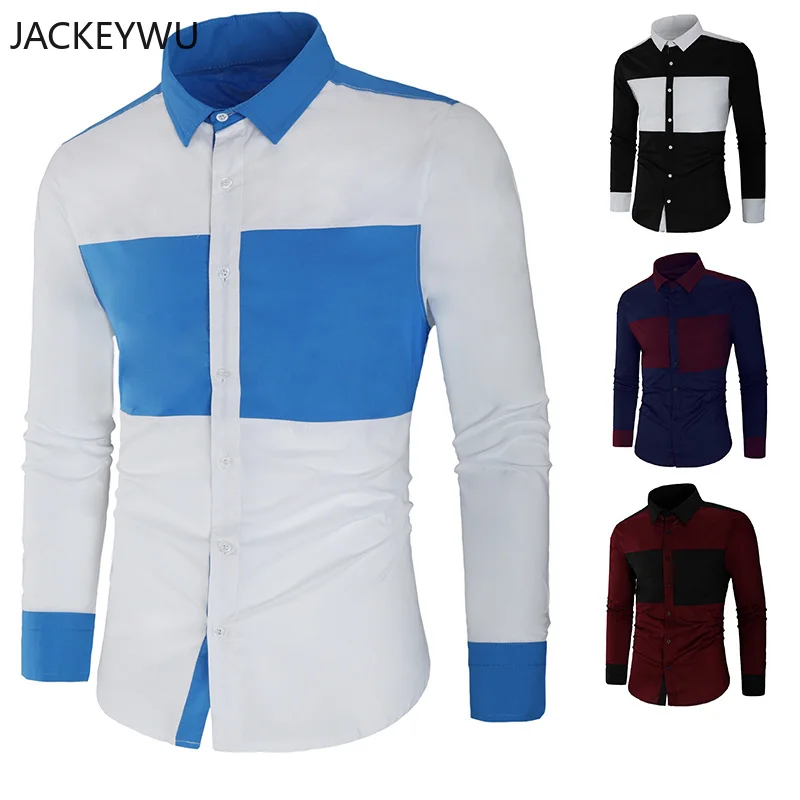 

Brand Luxury Men Shirt 2019 Korean Fashion Color Block Long Sleeve Casual Shirts Cotton Slim Business Social Dress Shirt Camisa
