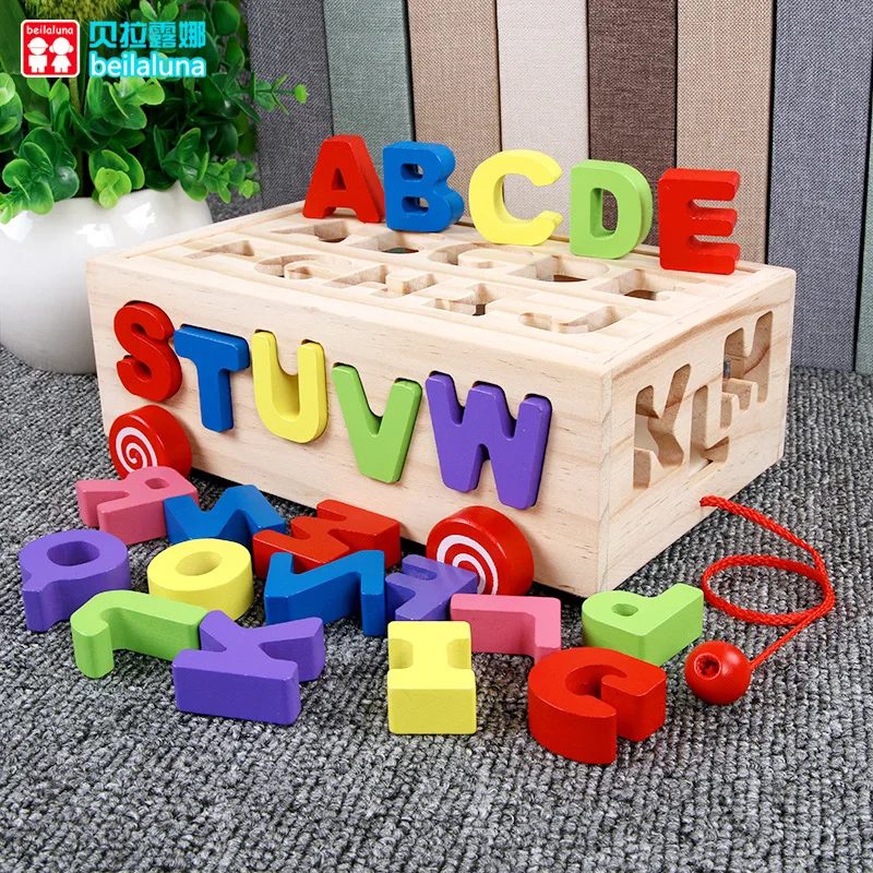 

Children Early Education with Numbers Color Cognitive Shape Matching Box Geometry Building Blocks Trailer Intelligence Box Woode