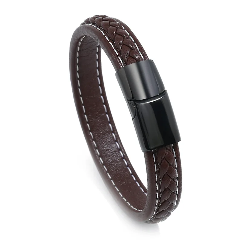 Genuine Leather Braid Stainless Steel Charm Bracelet Magnetic Buckle Clasps Vintage Women Men Bracelets& Bangles Men Jewelry