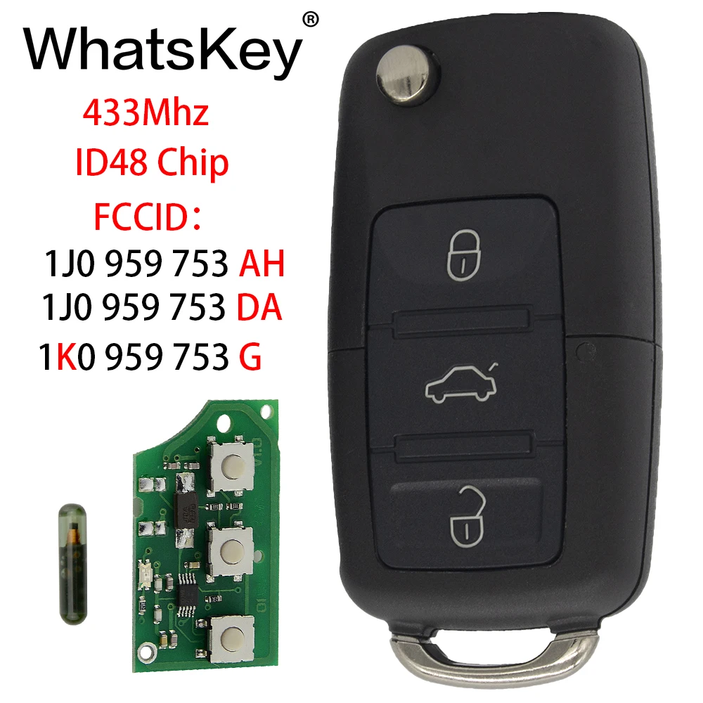 WhatsKey Remote Key for VW 1J0959753AH 1KO959753G 1J0959753DA For Volkswagen Beetle Bora Passat B5 Golf Polo 433Mhz ID48 Chip