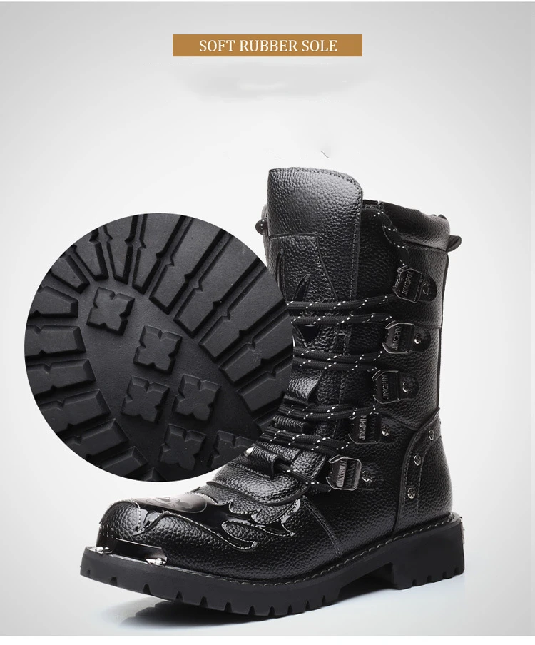 Men's Leather Motorcycle Boots Male Mid-Calf Snow Boots Military Combat Boots Gothic Belt Punk Boots Zapatillas Hombre