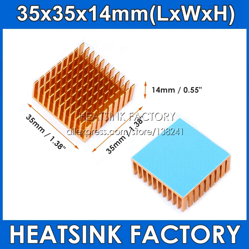 35x35x14mm Gold / Black Anodized Slotted Aluminum Heat Sink Cooler Heatsink With Thermally Transfer Tape Pad | Компьютеры и офис