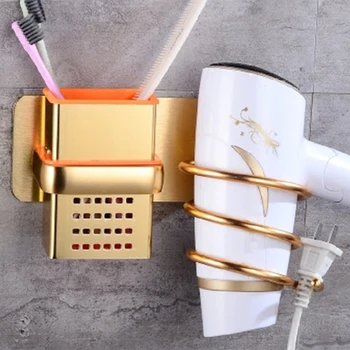 

Wall-Mounted Hair Dryer Holder Space Aluminum Hair Dryer Stand Bathroom Toilet Shelf Storage Rack Save Space with Plug Hooks