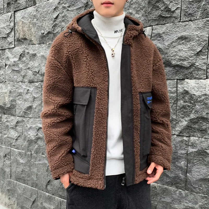 

Korean-style Trend Berber Fleece Coat Men's Windproof Comfortable Berber Fleece Warm Contrast Color Joint Printed Hooded Men'S W