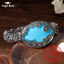 Античный 925 Серебряный браслет индивидуальность цветок ювелирные изделия Большой синий резиновый и Черный Кристалл ювелирные изделия для женщин Браслет вечерние подарки