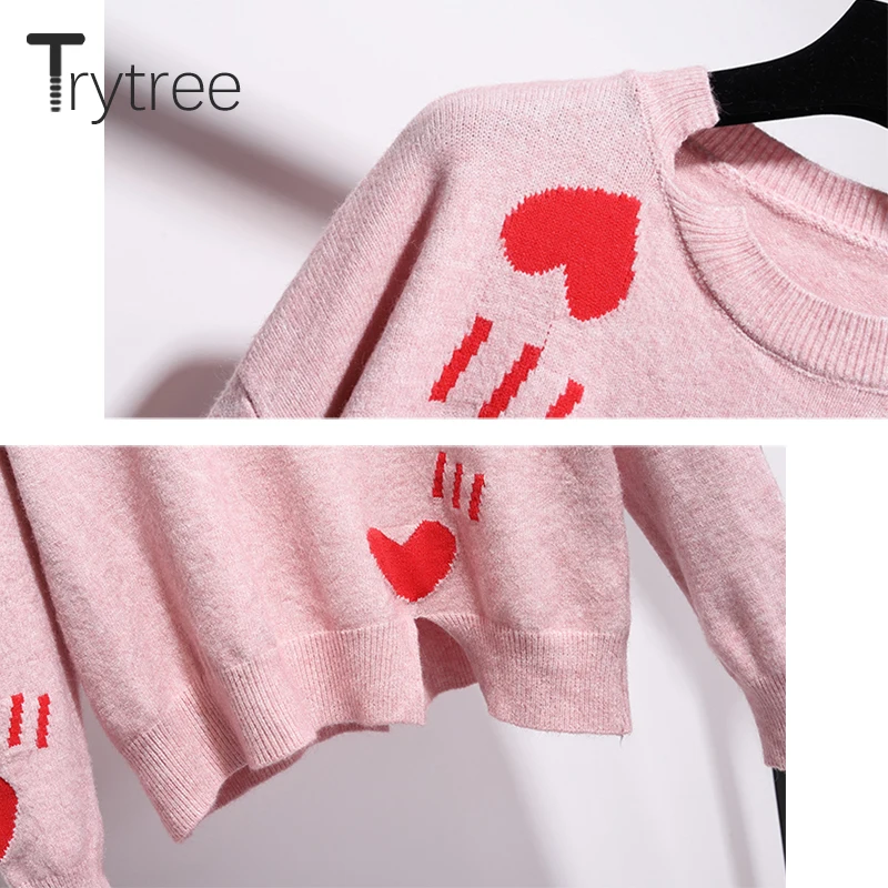 Trytree осенне-зимний комплект из двух предметов: Повседневный Свободный Топ с круглым вырезом+ юбка с плиссированным поясом, комплект из 2 предметов для офисных леди