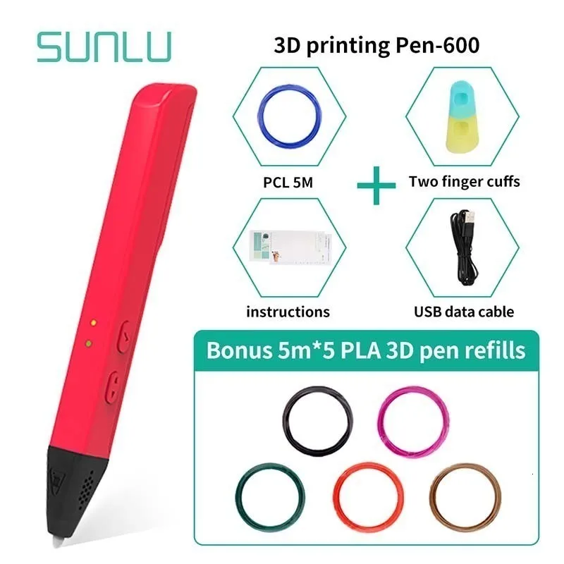SUNLU SL-600 3D Ручка для печати включает PLA Filameng 1,75 мм Подарочная коробка набор как подарок на день рождения для детей и взрослых красного цвета 3D ручки для рисования