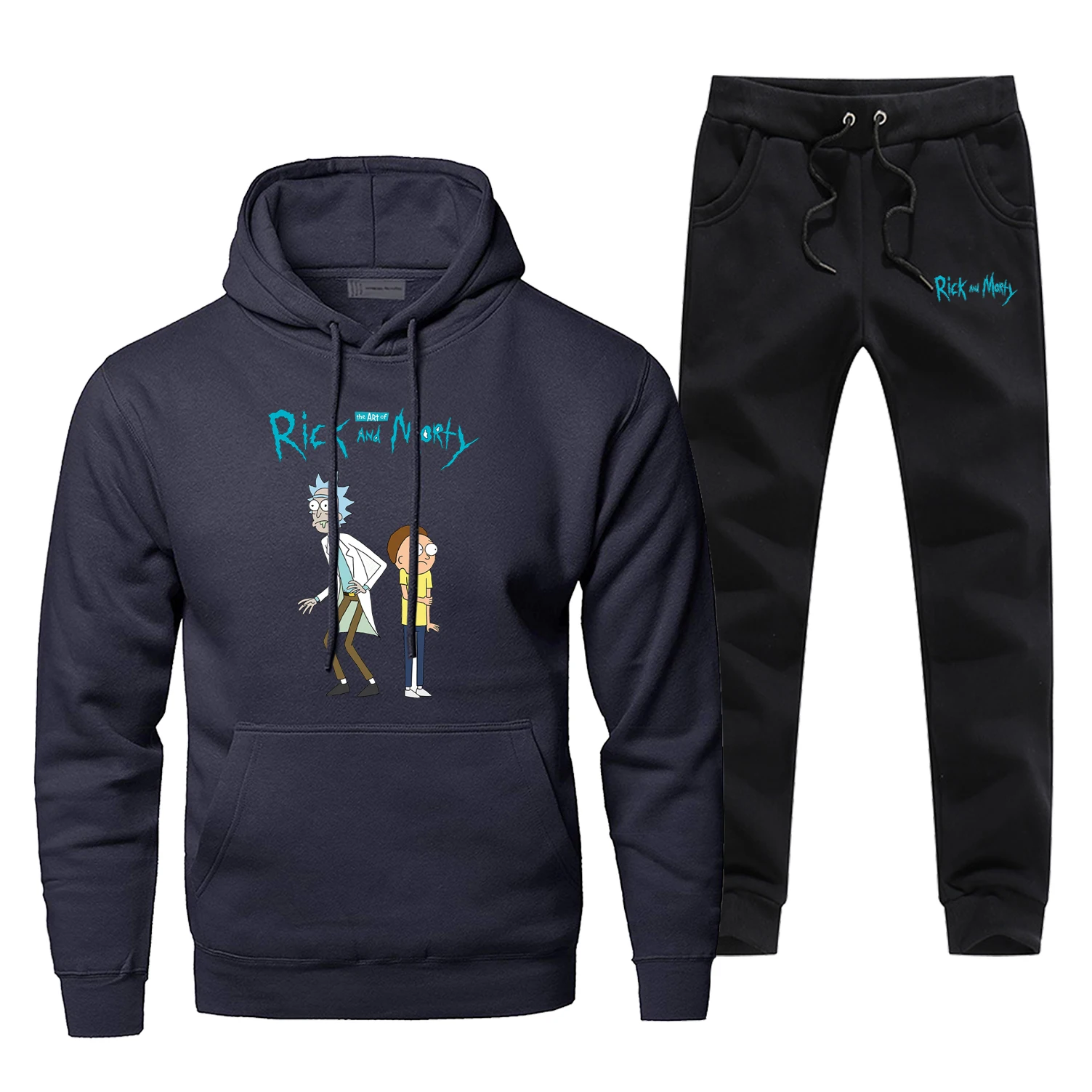Мужские комплекты с принтом Рика и Морти, популярные брюки в стиле аниме, толстовка, модные флисовые толстовки, толстовка, дешевый комплект из 2 предметов, теплая уличная одежда - Цвет: Dark Blue
