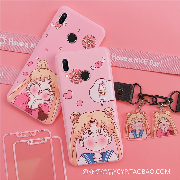 

For Xiaomi cc9e Cute Sailor Moon Case +Tempered Glass Screen film for Xiaomi cc9 mi9 9se mi8 8se mi 6X Cartoon Cover+Straps