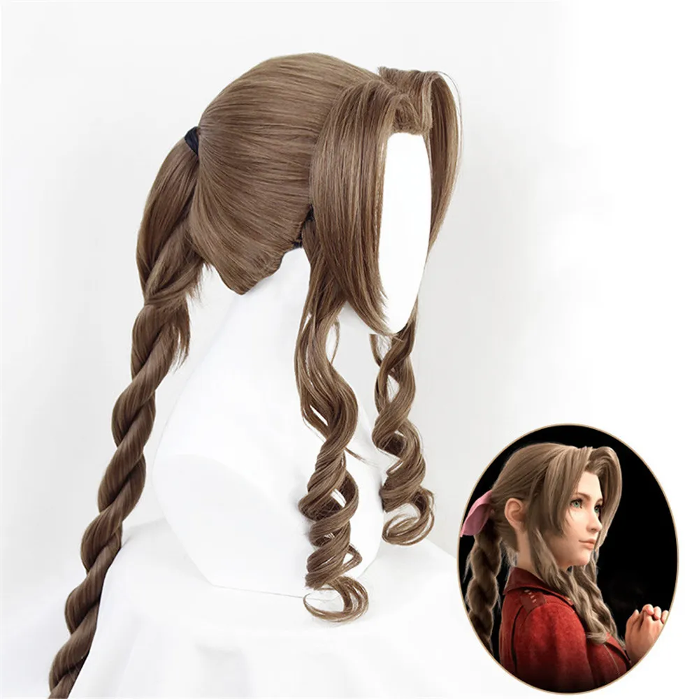Final Fantasy VII Cosplay FF7 Aerith Gainsborough Wigs Heat Resistant Synthetic Hair Brown Wig + Free Cap | Тематическая одежда и