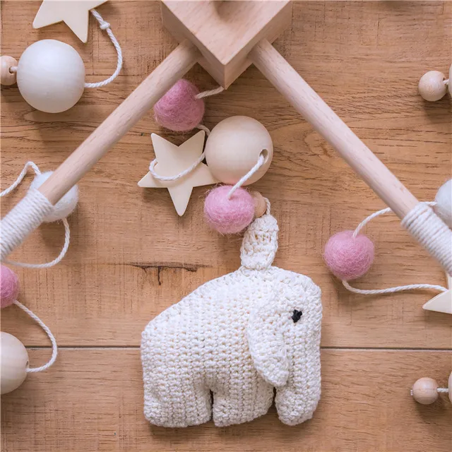 Baby Wooden Rattle Bed Bell Mobile Activity Play Gym Baby Toys For 0-12 Months Cart Accessories Crochet Elephant Bed Rattles 2