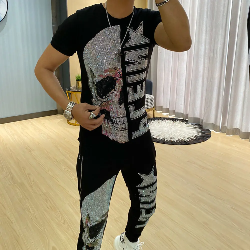 Rhinestone  Skull Pattern Men's Clothing,T-shirt and Trousers Two-piece Suit,Hip-hop Style Men's Clothing,men's Tracksuit  Sets