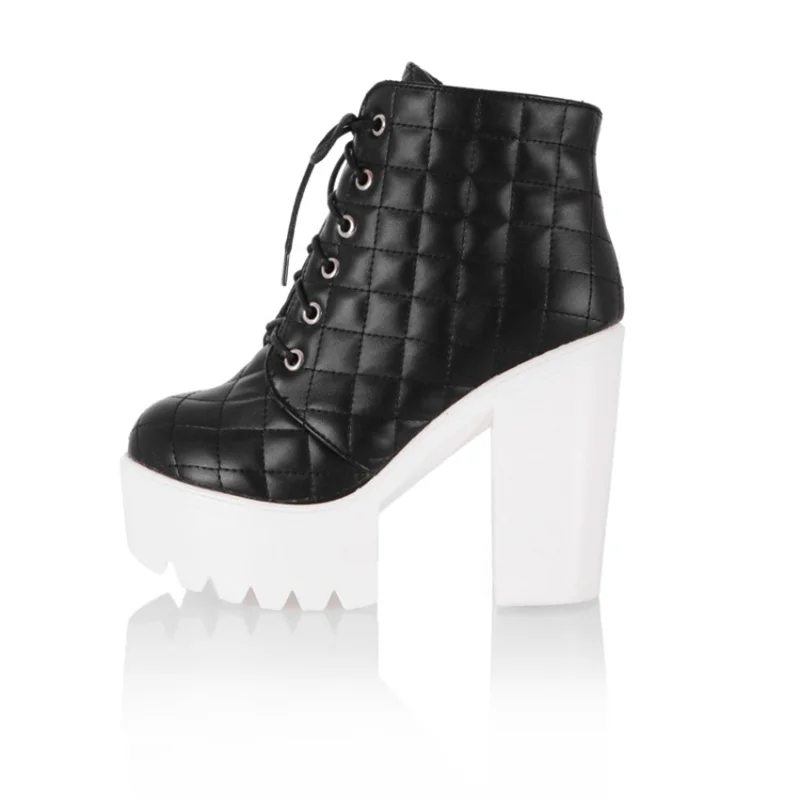 Пикантные зимние женские ботинки на шнуровке модная обувь на платформе в стиле панк на высоком квадратном каблуке; Цвет черный, белый женские ботильоны; большие размеры 34-43