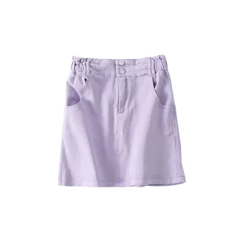 

Women Lavender Denim Skirts Pocket Big Strethy Waist 2020 New Summer Female Elgant Mini Skirt