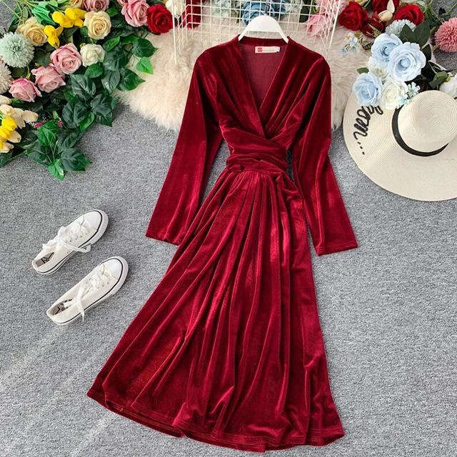 2020 Spring New Women Velvet Dress Vintage Long sleeve V-neck Bandage Dresses High waist Elegant Black Party Dress Vestido 2