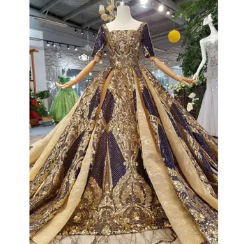 

BGW 2251ht Shiny Queen Occasion Dresses Long Golden Lace Square Collar Half Sleeve Open Back Evening Dress Ball Gown With Train