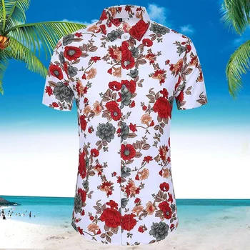

Tops Fashion Men Slim Loose Hawaii Short Sleeve Printed Turn-down Collar shirt Summer Clothing shirt Streetwear рубашка мужская