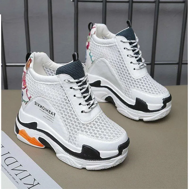 

2019 Women's breathable Athletic mesh sneakers lightweight high platform lace up casual shoes woman summer shoes sneakers UK-19
