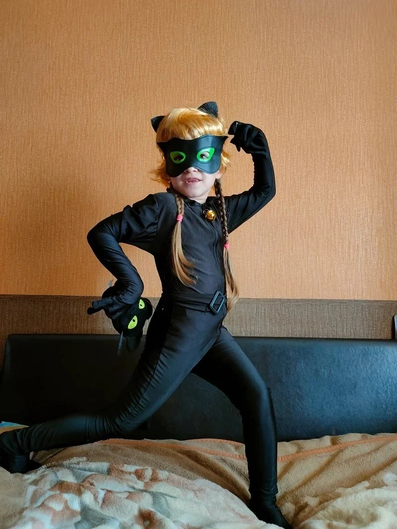 albright Cat Noir Kostüm Set Kinder Cartoon Jumpsuit für Halloween Karneval Weihnachten Cosplay Fasching Party 110/116