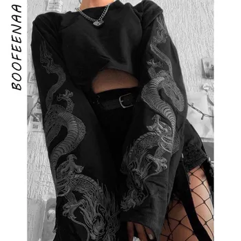 

BOOFEENAA Aesthetic Retro Print Black Hoodies Crop Top Streetwear Clothes Women Sweatshirt Cropped Oversized Hoodie C71-AD04