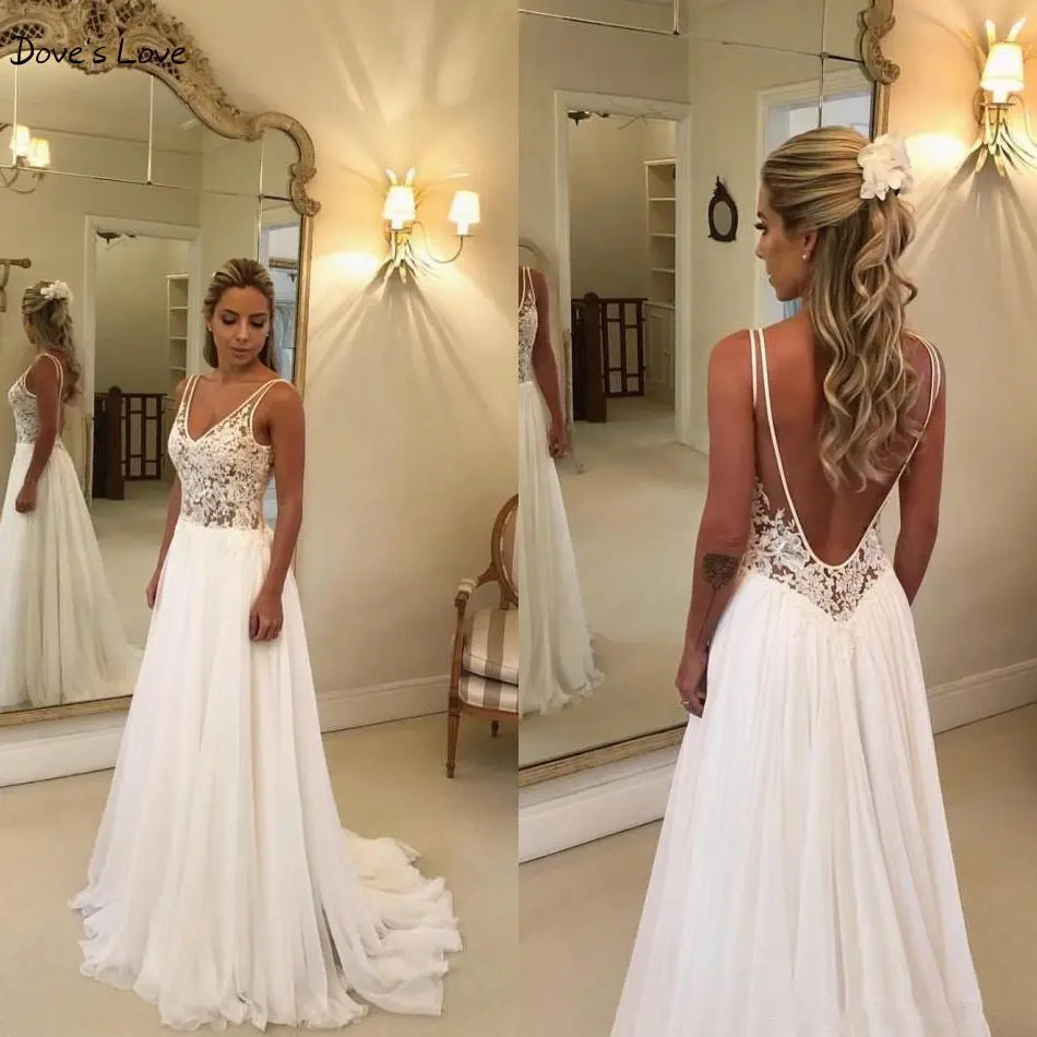 

Bohemian Wedding Dress 2020 Chiffon Lace Applique V Neck Backless Beach Sleevelss A Line Long Bridal Gown Sweep Train Boho