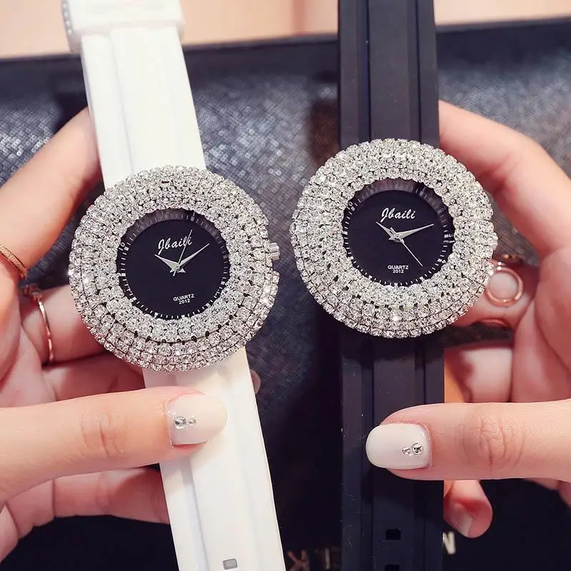 

Women Watch Full Crystal Diamond Soft Silicone Rubber Band Ladies Dress Watches Black and White Female Wristwatch Elegant Clock