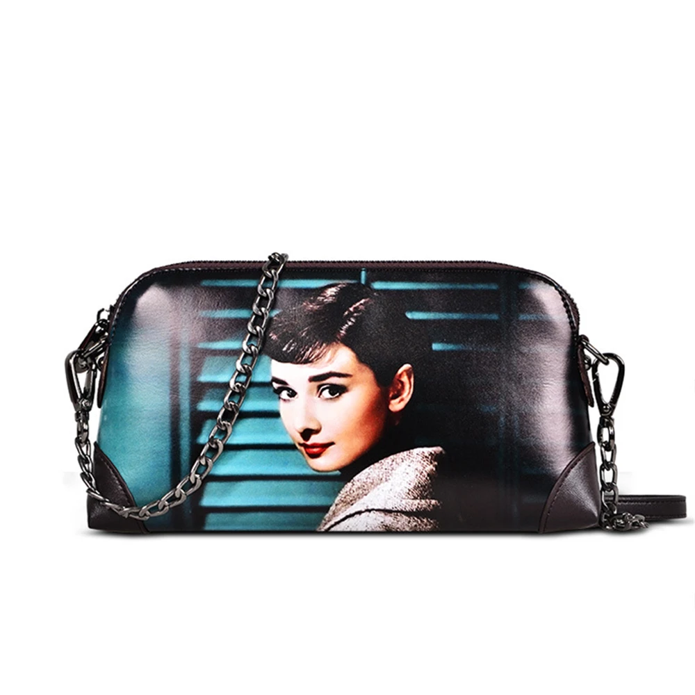 

B02080 Custom Print Genuine Leather Bag Womens Handbags Hepburn Cat Pattern Chain Bags Crossbody Shell Shoulder Bags Girls