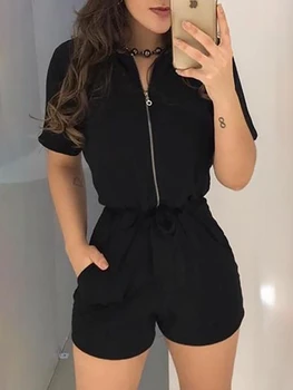 

2020 Women Fashion Short Sleeve Skinny Playsuits One Piece Overalls Streetwear Zipper Design Romper