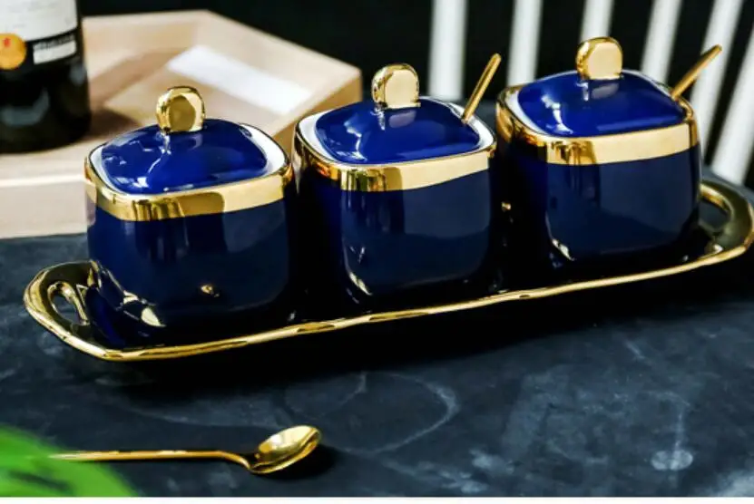 Красивая Темно-синяя керамическая банка для приправ в золотой оправе, изысканные солевые специи, бутылка для Хранения Сахара, идея украшения кухни