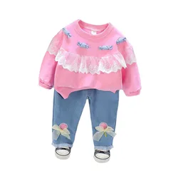 Conjunto duas partes de algodão para bebês, roupas esportivas de primavera para meninas
