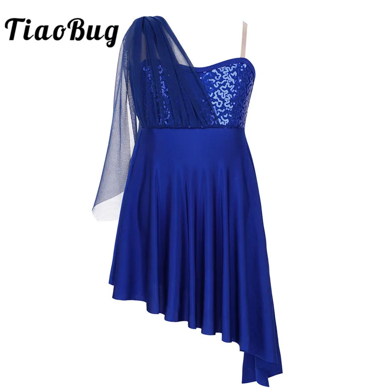 

TiaoBug Girls Adjustable Straps Sequins Side Split Irregular Hem Ballet Leotard Dress Kids Contemporary Lyrical Dance Costumes