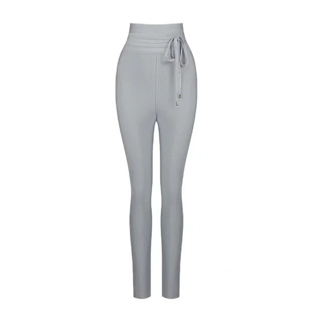 CIEMIILI Sexy Women Pants 2021 New Fashion High Waist Skinny Ties Ladyies Solid Long Pencil Party Bodycon Bandage Pants Gray