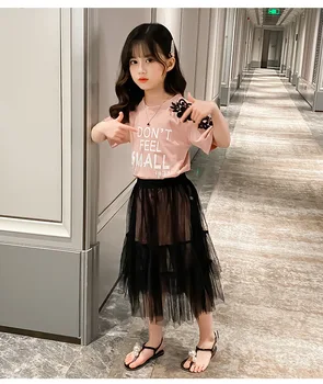 

Girls Clothes Suit Summer 2020 Kids Off Shoulder Lace Sleeve Top + Skirt 2PCS Clothing Sets For Girls Child Mesh Princess Outfit