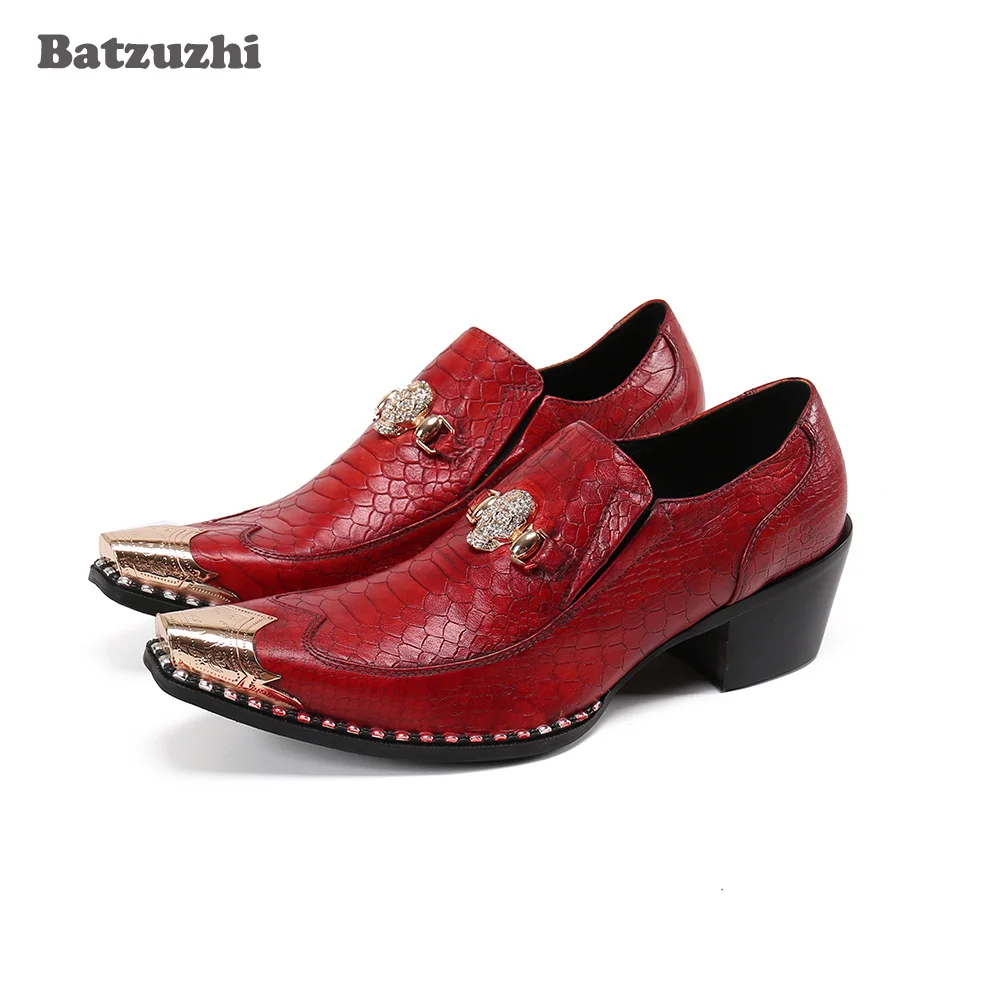 

Туфли Batzuzhi мужские кожаные на высоком каблуке 6,5 см, деловые строгие туфли, винтажные, металлические, с острым носком, красные свадебные и искусственные туфли для мужчин