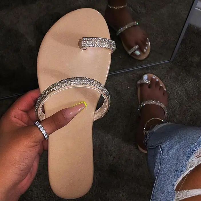 new rhinestone bright diamond slippers women's shoes diamond flat sandals outdoor beach shoes wild single finger flip flop