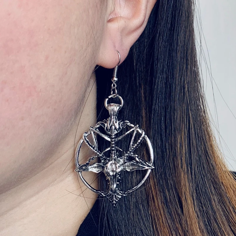 New Fashion Glamour Retro Women's Pentagram Pan God Skull Goat Head Pendant Earrings Gothic Witch Jewelry 4