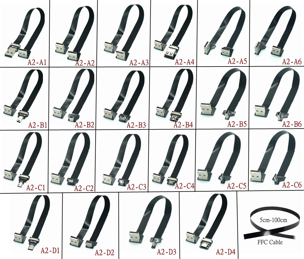 FFC C 타입 미니 마이크로 USB 연장 리본 케이블, 90 FPV 슬림 플랫 소프트 플렉시블 FPC 충전, FPV 브러시리스 핸드헬드 짐벌 모니터