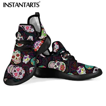 

INSTANTARTS Classic Sugar Skull Print Shoes Unique Cartoon Skull Lace Up Flats Spring/Autumn Comfort Women Mesh Sneakers Zapatos