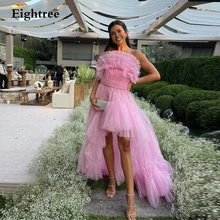 

Sweet Pink Long Tulle Tiered Prom Dress A Line Sleeveless Strapless Lace Up Back Evening Night Party Dresses Vestidos Ball Gowns