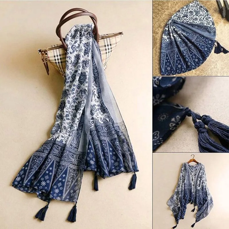 

Casual New Beach Cover Up Pashmina Tassel Blue and white porcelain Kimono Swimwear Women Bathing Suit Beachwear saida de praia