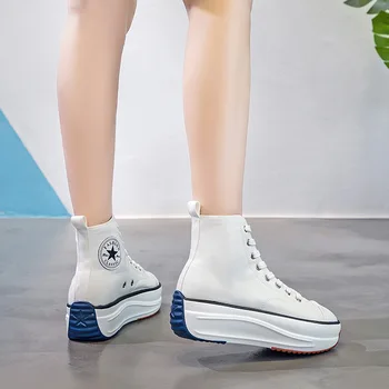 

Lady's Canvas High Top Lace-up Shoes Women Casual High Heel Shoes Women Platform Hidden Wedge Tenis Girls Shoes