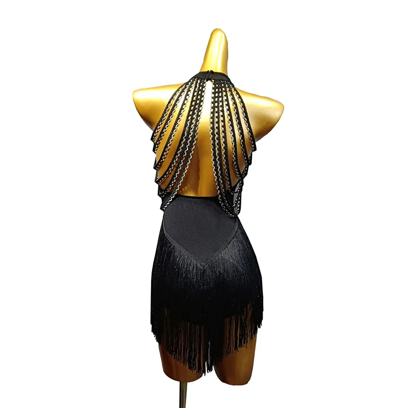 Latin Dance Dress Adults Black Open Back Tassels Sleeveless Competition Dresses Samba Dancing Costumes Clothes Stage Wear