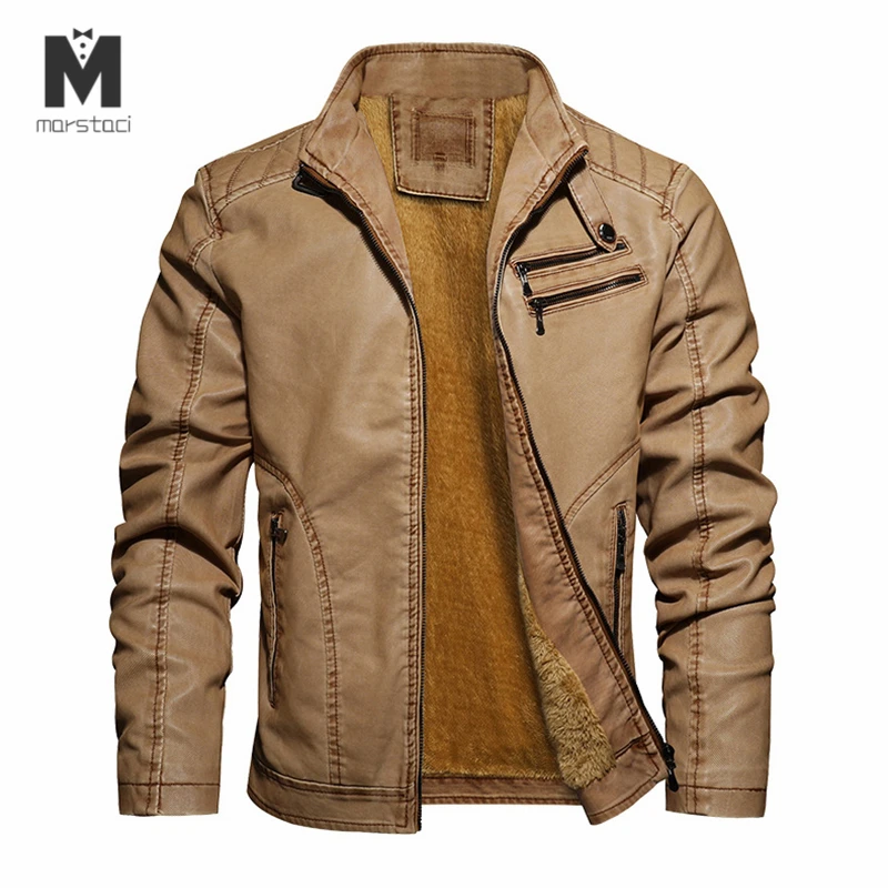 Зимняя мужская куртка со стоячим воротником, мотоциклетная кожаная куртка плюс бархатная вымытая ретро куртка из искусственной кожи, утолщенная теплая куртка